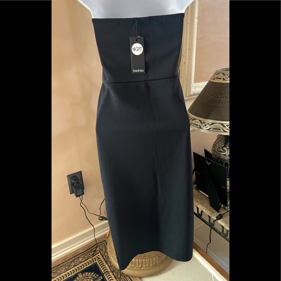 Boohoo Night Bandeau Thigh Maxi Black Dress Button Down V Cut Neckline - Picture 5 of 11